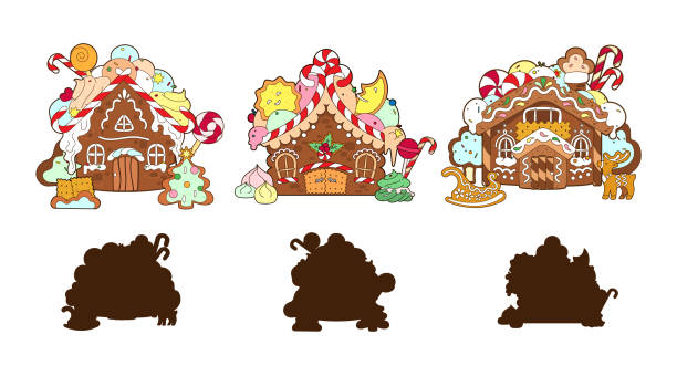 Christmas houses, game, find the correct shadow. Vector ,illustration, cartoon flat isolated on white background Christmas houses, game, find the correct shadow. Vector illustration, cartoon flat isolated on white background candy house stock illustrations