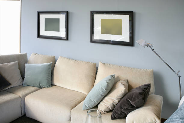 istock Living room with sofa and blue wall, interior design 1338861497