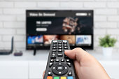 Man watching TV, remote control in hand