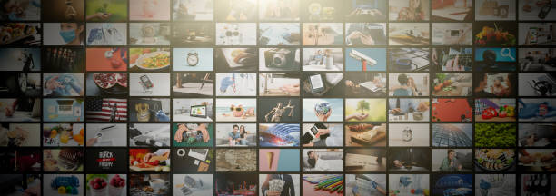 multimedia video concept on media wall, tv stream - full screen imagens e fotografias de stock