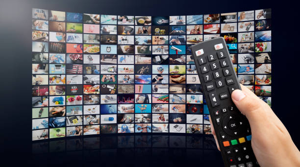 istock Multimedia video concept on media wall, TV stream 1338863579