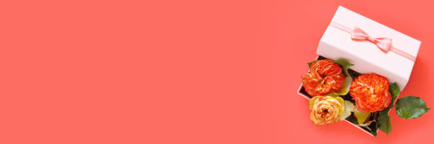 caja de regalo con ramo de rosas rojas sobre mesa rosa. tarjeta de felicitación para las vacaciones. banner creativo . - invitation birthday card creativity ideas fotografías e imágenes de stock