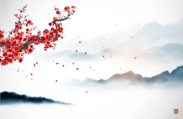 Oriental cherry blossoming branch, petals on the wind and distant blue mountains. Traditional oriental ink painting sumi-e, u-sin, go-hua. Translation of hieroglyph - eternity Oriental cherry blossoming branch, petals on the wind and distant blue mountains. Traditional oriental ink painting sumi-e, u-sin, go-hua. Translation of hieroglyph - eternity. japanese landscape stock illustrations