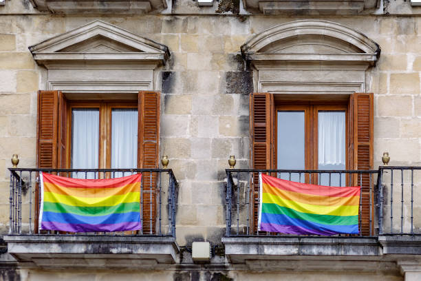 istock Raimbow flag ( lgbtqia flag, ) in balconys mayor square in Vitoria Gasteiz, Spain 1338866105