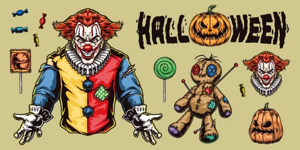 illustrations, cliparts, dessins animés et icônes de concept d’éléments colorés traditionnels d’halloween - clown evil horror spooky