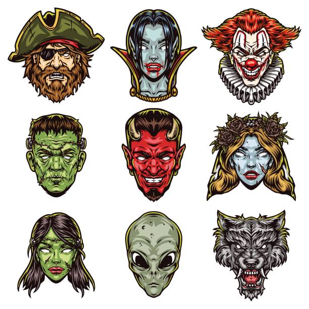 жуткий хэллоуин персонажи красочный набор - clown evil horror spooky stock illustrations
