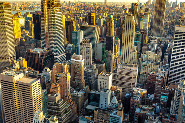 istock Aerial view of Manhattan at sunset 1338874469
