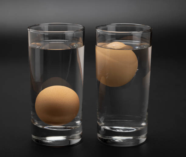 istock Eggs in water test on transparent glass , Egg freshness test on black background , Bad egg floats in water 1338874685