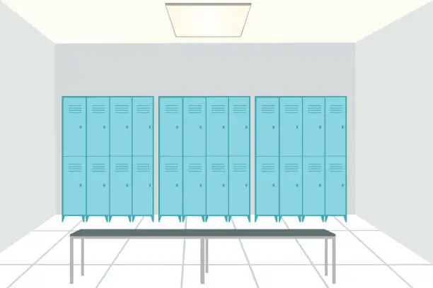 Vector illustration of Locker Room Of Fitness Club Or Gym With Front View Of Lockers And Bench