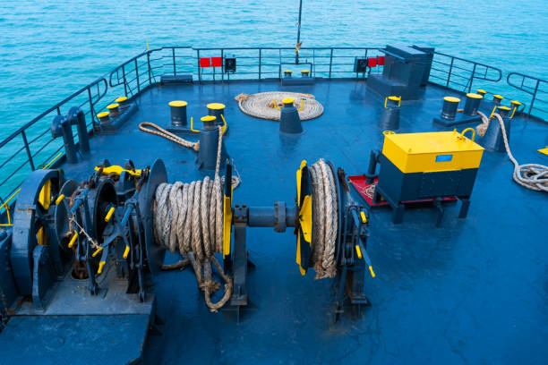 istock Ferry deck. Drum with mooring rope close up 1338875909