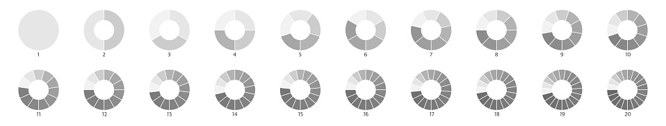 Wheel round diagram part set. Segment slice sign. Circle section graph line art. Pie chart icon. 2,3,4,5,6 segment infographic. Five phase, six circular cycle. Geometric element. Vector illustration.