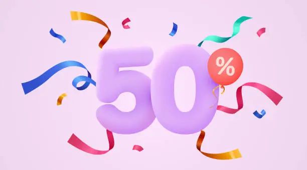 Vector illustration of 50 percent Off. Discount creative composition. 3d sale symbol with decorative confetti. Sale banner and poster.