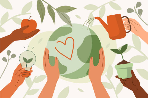 planet earth People taking care about planet earth and saving from climate change. Characters hands holding eco friendly objects. Sustainable lifestyle and climate change concept. Flat cartoon vector illustration. sustainability stock illustrations