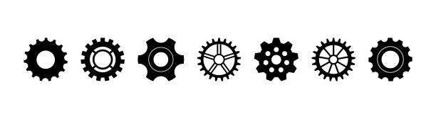 ilustrações de stock, clip art, desenhos animados e ícones de gear icon. cogwheel for industry. gearwheel of engine. circle wheel with cogs for machinery. set of silhouette for technical, mechanism, clock and factory. black icons of metal gearwheel. vector - car symbol engine stability