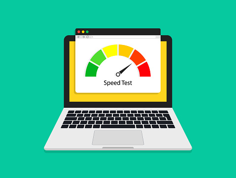 Test of speed internet in laptop. Fast speed of download. High mbps internet performance. Website with speedometer in computer screen. Icon of test of web speed. Load of site. Report of check. Vector.