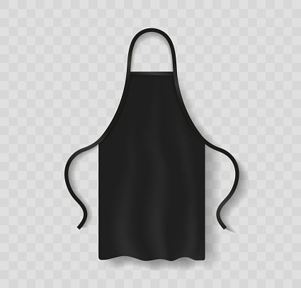 Apron mockup. Apron of uniform for kitchen and cooking. Black uniform for chef and waiter. Realistic clothes mockup for work in restaurant, cafe. Cotton template for cook or barman. Vector.