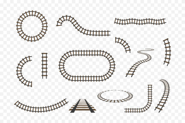 ilustrações de stock, clip art, desenhos animados e ícones de rail track. railway for train. line of road for subway, tram and train. icon of railroad for toy. set of curve and straight perspective railways for logistics, metro, locomotive. top view. vector - train steam train vector silhouette