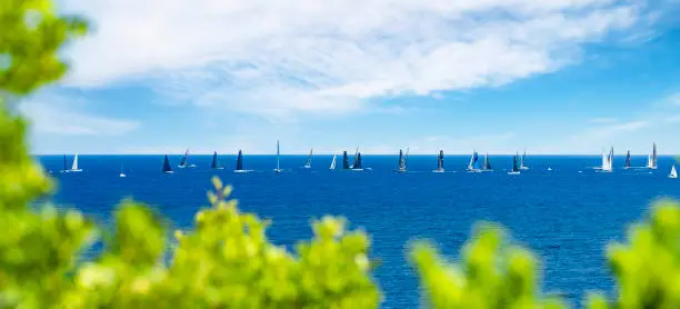Porto Cervo, Sardinia, Italy, September 07, 2021. Selective focus, stunning view of some sailboats sailing during the Maxi Yacht Rolex Cup in Porto Cervo, Sardinia, Italy.