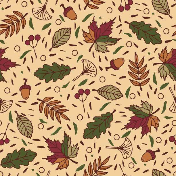 ilustraciones, imágenes clip art, dibujos animados e iconos de stock de repita el patrón vectorial con hojas de otoño sobre fondo amarillo. diseño simple de papel tapiz de temporada. rama floral decorativa textil de moda. - autumn leaf falling wind