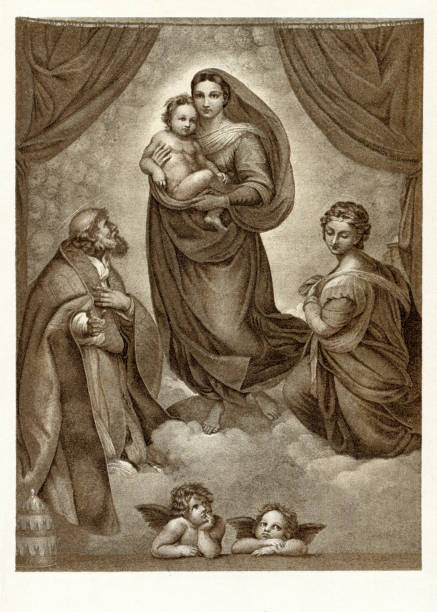 Painting Sistine Madonna of Raphael 16th century The Sistine Madonna, also called the Madonna di San Sisto, is an oil painting by the Italian artist Raphael. The painting was commissioned in 1512 by Pope Julius II for the church of San Sisto, Piacenza, and probably executed c. 1513–1514.
Original edition from my own archives
Source : Brockhaus 1898 sistine madonna stock illustrations