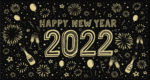 Hand-drawn new year's eve wishes on fireworks background. You can edit the colors or sizes easily if you have Adobe Illustrator or other vector software. All shapes are vector