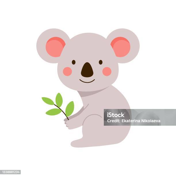 A Fluffy Little Koala Sits With A Twig In His Hands-vektorgrafik och fler bilder på Australien