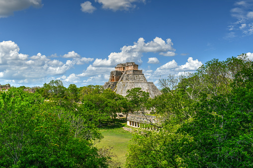 The Pyramid of the Magician at Uxmal, Yucatan, Mexico. It is the tallest and most recognizable structure in Uxmal.