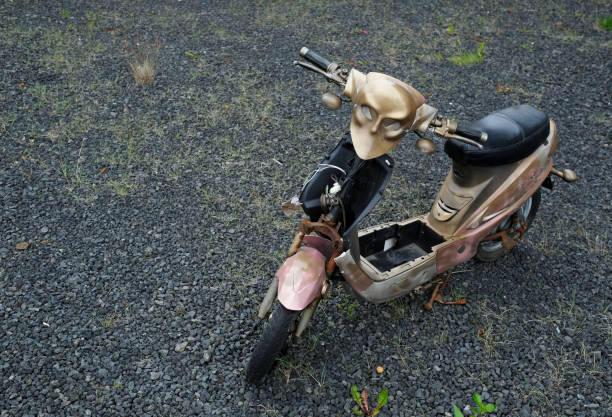 istock Abandoned moped with a golden mask 1338881463