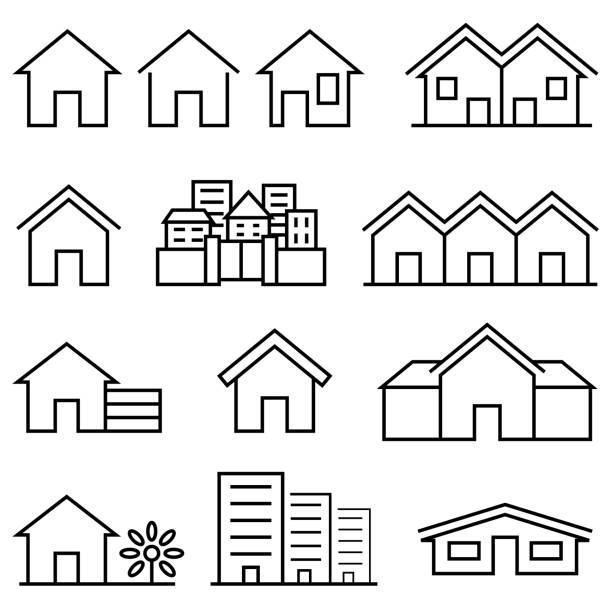 House, Real Estate and Residential Buildings Icons Single color isolated outline icons of house and residential buildings row house stock illustrations