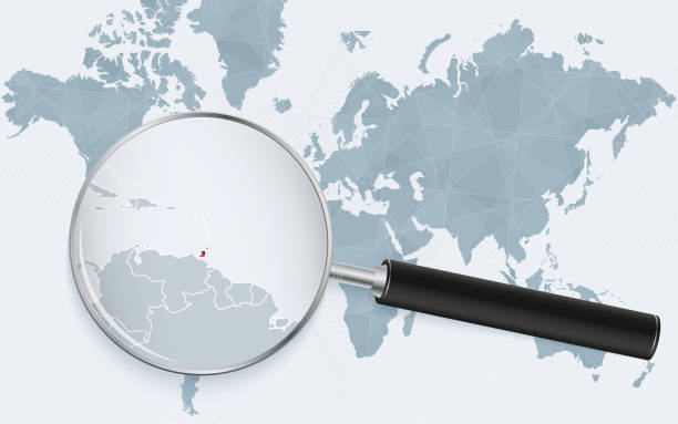 World map with a magnifying glass pointing at Trinidad and Tobago. Map of Trinidad and Tobago with the flag in the loop. World map with a magnifying glass pointing at Trinidad and Tobago. Map of Trinidad and Tobago with the flag in the loop. Vector illustration. port of spain stock illustrations