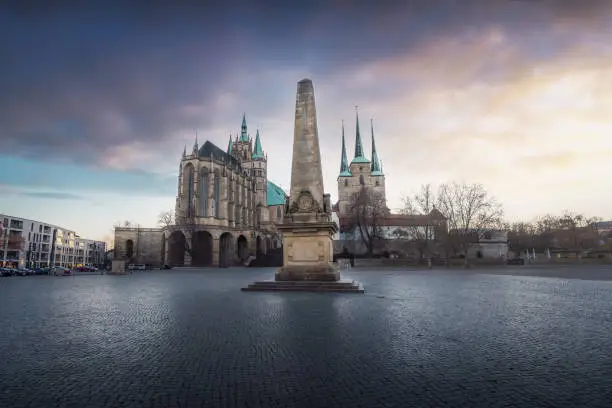 Domplatz Square View with Erfurt Cathedral, St. Severus Church (Severikirche) and Obelisk at sunset - Erfurt, Thuringia, Germany