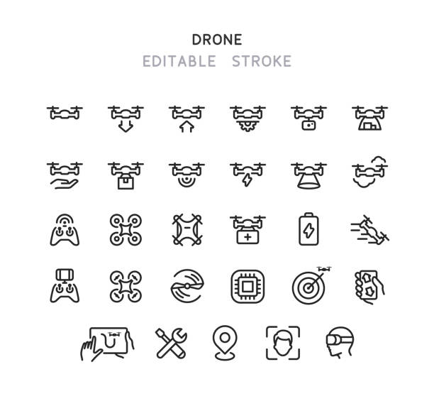 sammlung von drone line icons editable stroke - drohne stock-grafiken, -clipart, -cartoons und -symbole