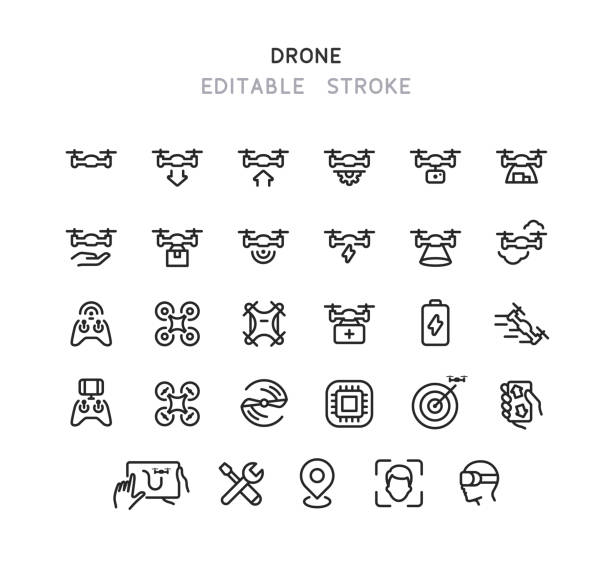 illustrations, cliparts, dessins animés et icônes de collection d’icônes de ligne de drone trait modifiable - drone