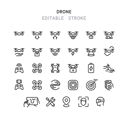 Collection of drone line vector icons. Editable stroke.