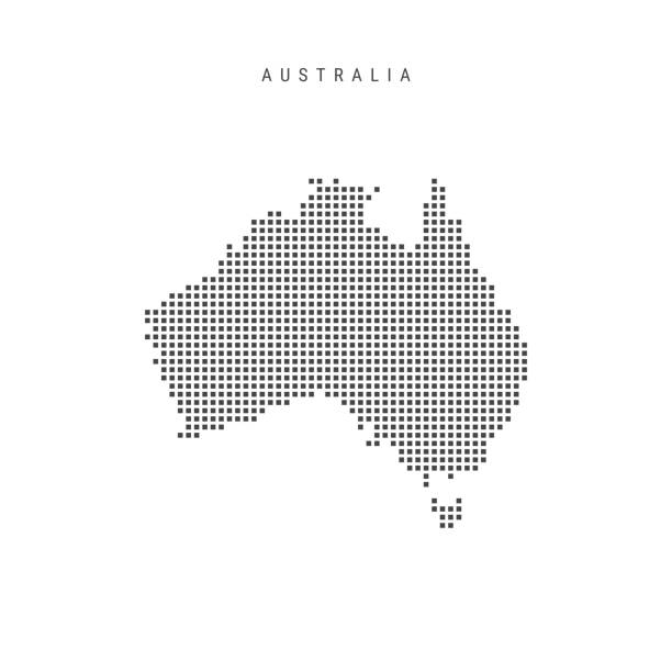 kwadratowe kropki wzór mapa australii. mapa w pikselach kropkowanych. ilustracja wektorowa - australia map cartography topography stock illustrations