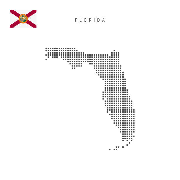 Square dots pattern map of Florida. Dotted pixel map with flag. Vector illustration Square dots pattern map of Florida. Dotted pixel map with flag isolated on white background. Vector illustration. florida us state stock illustrations