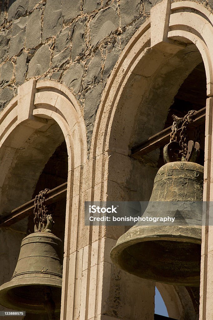 Historic Church Bells Aged Bells in the Tower of the Mission Neustra Senora De Loreto - Baja California Sur, Mexico Architectural Feature Stock Photo