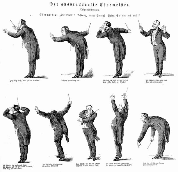 The expressive conductor, 8 illustrations on white background Illustration from 19th century. musical conductor stock illustrations