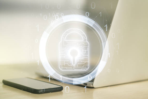 istock Creative idea concept with lock symbol and microcircuit illustration on modern laptop background. Protection and firewall concept. Multiexposure 1338891166