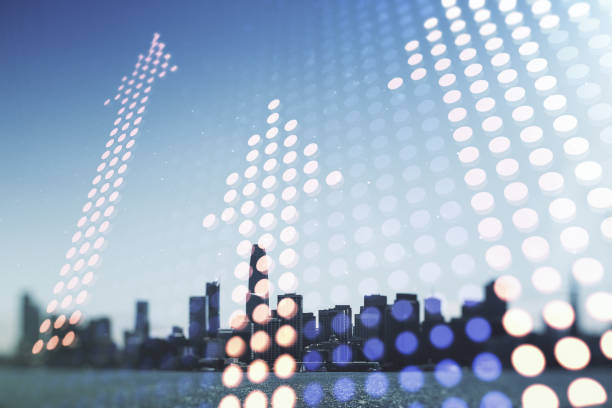 istock Virtual upward arrows illustration on San Francisco skyline background. Breakthrough and progress concept. Multiexposure 1338891181