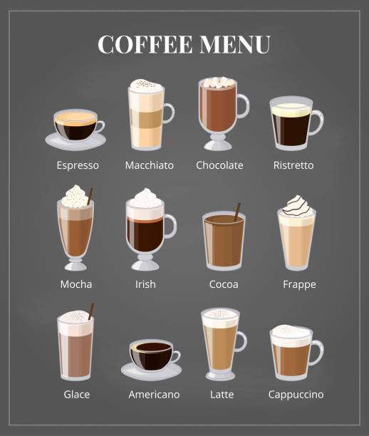 illustrazioni stock, clip art, cartoni animati e icone di tendenza di menu del caffè alla lavagna. - cappuccino