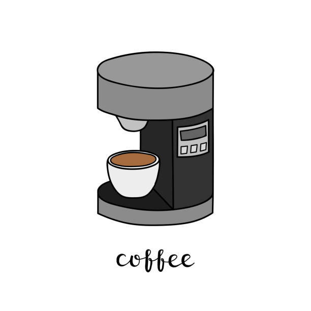 Hand drawn coffee machine. Hand drawn colored coffee machine with lettering isolated on white background. hot steel bar stock illustrations