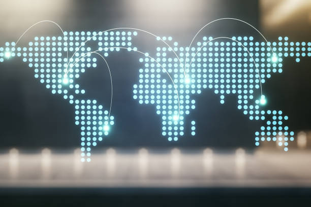 istock Abstract virtual world map with connections on blurry modern office building background, international trading concept. Multiexposure 1338891352