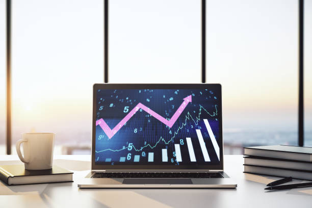 istock Abstract creative financial graph with upward arrow on modern laptop screen, forex and investment concept. 3D Rendering 1338891375