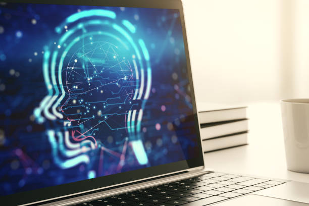 istock Creative artificial Intelligence concept with human head sketch on modern computer monitor. 3D Rendering 1338891378