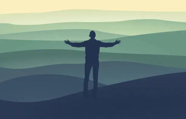 Vector illustration of Man praying at sunset mountains silhouette.