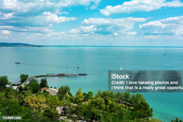 Sailing On The Lake Balaton With Tihany Pier View From Above Stock Photo - Download Image Now