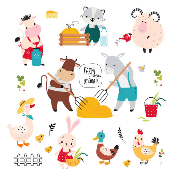 ilustraciones, imágenes clip art, dibujos animados e iconos de stock de lindos animales de granja en el rancho cosechando y regando el conjunto de vectores de plantas - animal husbandry illustrations