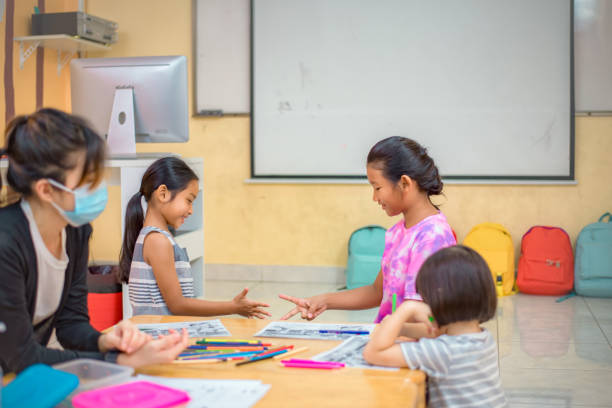 istock Education after coronavirus epidemic. Children, students are practicing drawing, practicing their coloring skills and having fun with each other. with a homeroom teacher to teach learning skills. 1338896425