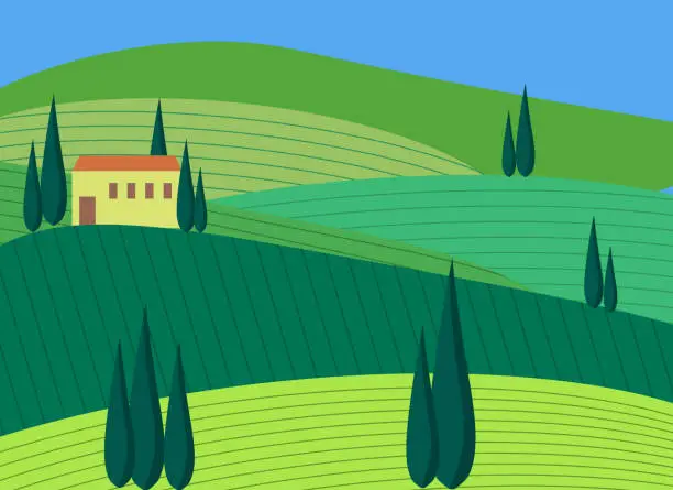 Vector illustration of Italian landscape with green fields, house and pine trees. Vector illustration.